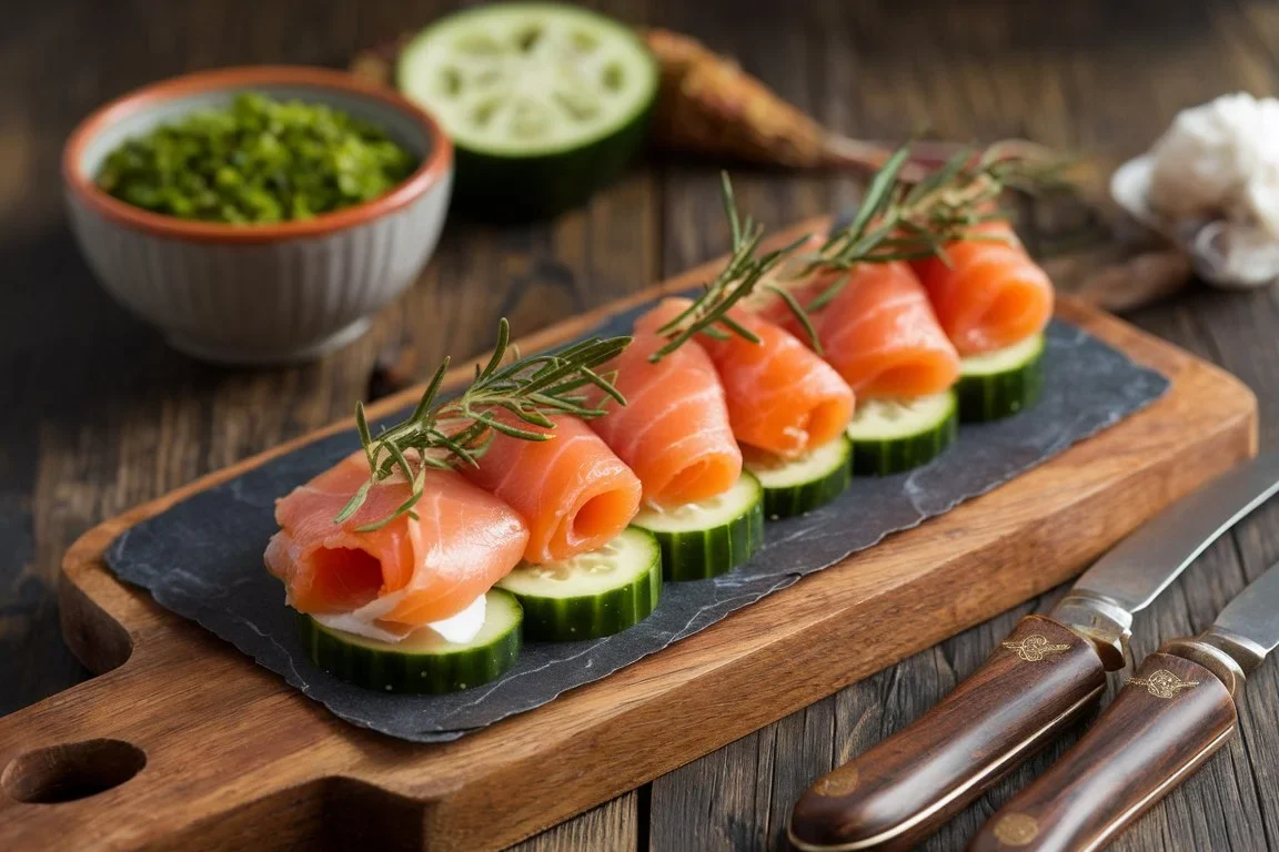 Chatelaine Smoked Salmon Roll on Cucumber Recipe