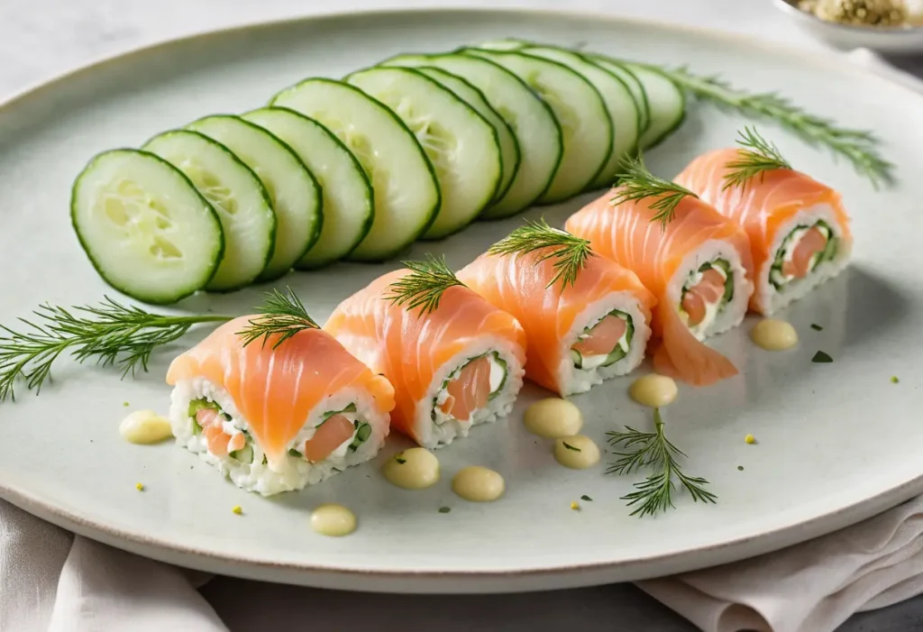 Chatelaine Smoked Salmon Roll on Cucumber
Salmon Roll on Cucumber
Chatelaine Smoked Salmon Roll on Cucumber recipe